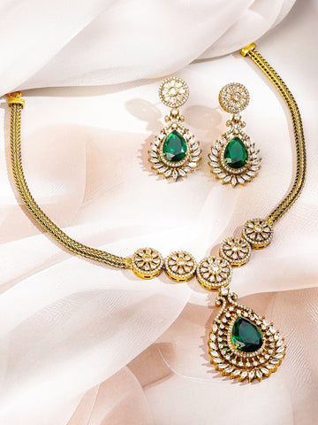 Rubans 22K Gold-Plated Emerald Green & White Cubic Zirconia Studded Floral Motif Necklace Set for Women Necklaces, Necklace Sets, Chains & Mangalsutra