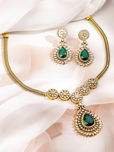 Rubans 22K Gold-Plated Emerald Green & White Cubic Zirconia Studded Floral Motif Necklace Set for Women Necklaces, Necklace Sets, Chains & Mangalsutra