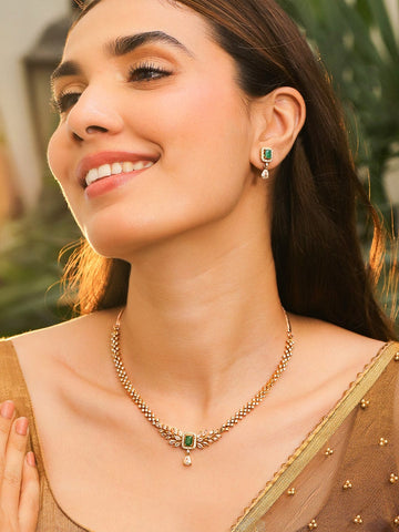 Rubans 22K Gold-Plated Emerald Green & White Cubic Zirconia Studded Leaf Motif Necklace Set for Women Jewellery Set