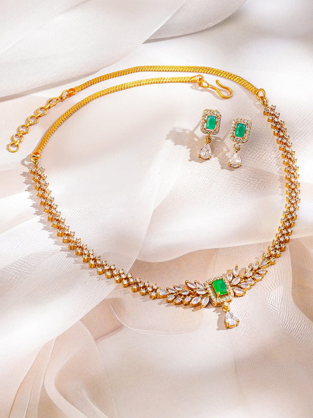 Rubans 22K Gold-Plated Emerald Green & White Cubic Zirconia Studded Leaf Motif Necklace Set for Women Jewellery Set