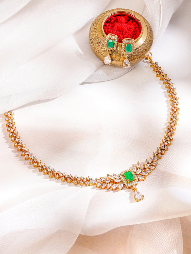 Rubans 22K Gold-Plated Emerald Green & White Cubic Zirconia Studded Leaf Motif Necklace Set for Women Jewellery Set