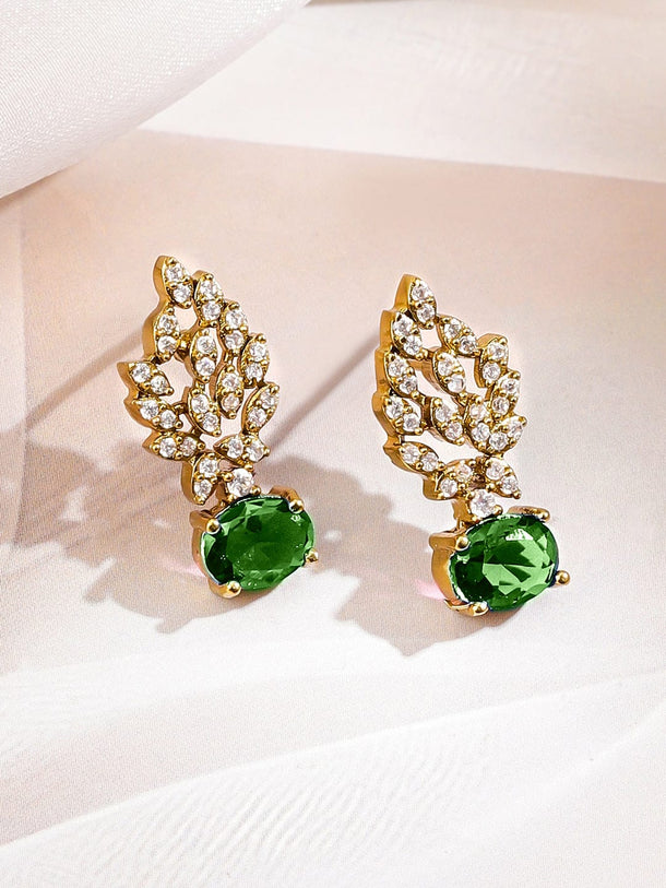 Rubans 22K Gold-Plated Emerald Green & White Cubic Zirconia Studded Leaf Motif Necklace Set for Women Jewellery Set