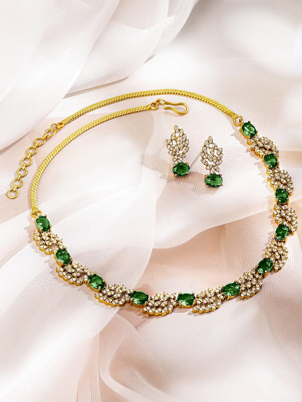 Rubans 22K Gold-Plated Emerald Green & White Cubic Zirconia Studded Leaf Motif Necklace Set for Women Jewellery Set