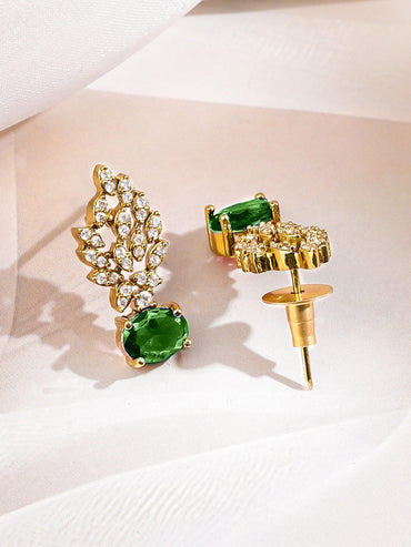 Rubans 22K Gold-Plated Emerald Green & White Cubic Zirconia Studded Leaf Motif Necklace Set for Women Jewellery Set