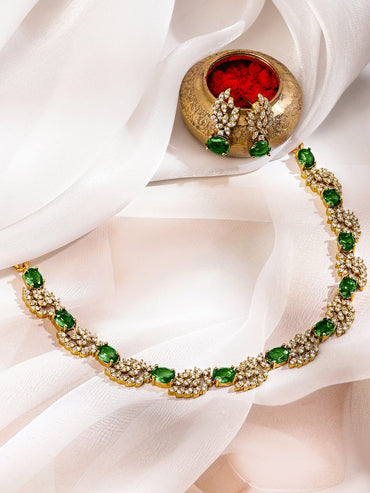 Rubans 22K Gold-Plated Emerald Green & White Cubic Zirconia Studded Leaf Motif Necklace Set for Women Necklaces, Necklace Sets, Chains & Mangalsutra