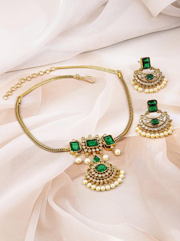 Rubans 22K Gold-Plated Emerald Green & White Cubic Zirconia Studded Pearl Beaded Handcrafted Necklace Set for Women Jewellery Set