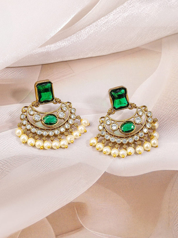 Rubans 22K Gold-Plated Emerald Green & White Cubic Zirconia Studded Pearl Beaded Handcrafted Necklace Set for Women Jewellery Set