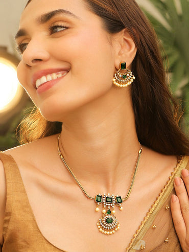 Rubans 22K Gold-Plated Emerald Green & White Cubic Zirconia Studded Pearl Beaded Handcrafted Necklace Set for Women Jewellery Set