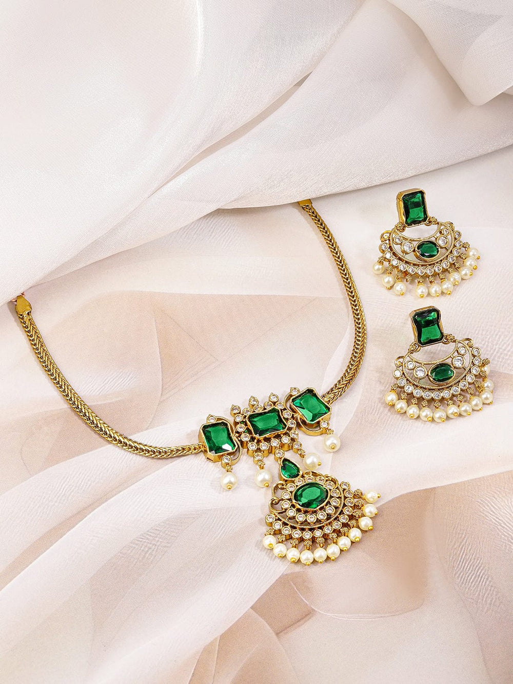 Rubans 22K Gold-Plated Emerald Green & White Cubic Zirconia Studded Pearl Beaded Handcrafted Necklace Set for Women Jewellery Set