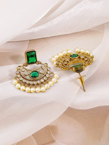 Rubans 22K Gold-Plated Emerald Green & White Cubic Zirconia Studded Pearl Beaded Handcrafted Necklace Set for Women Jewellery Set