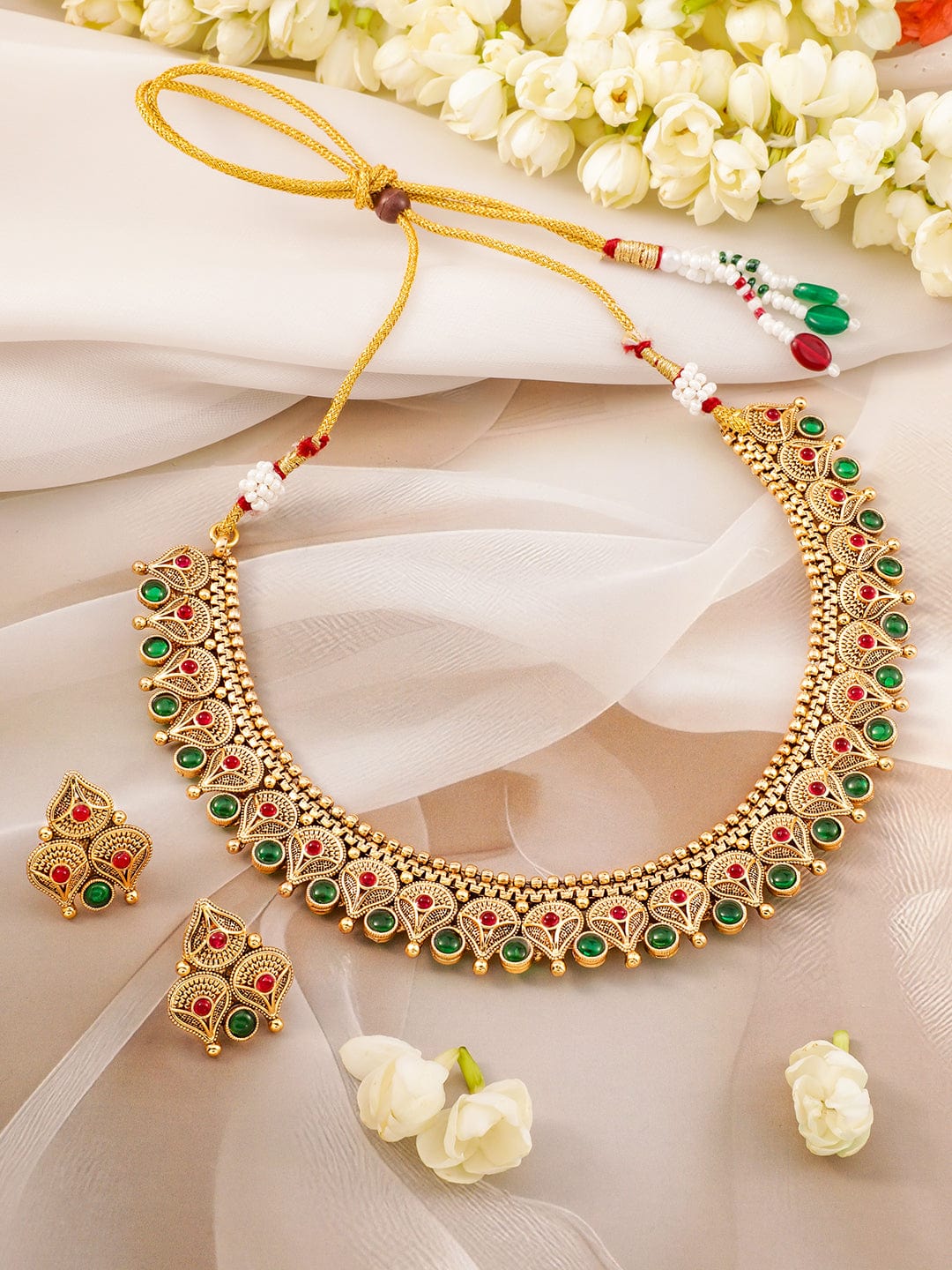 Rubans 22k Gold-Plated Emerald Kundan-Studded & Beaded Necklace Set Necklace Set