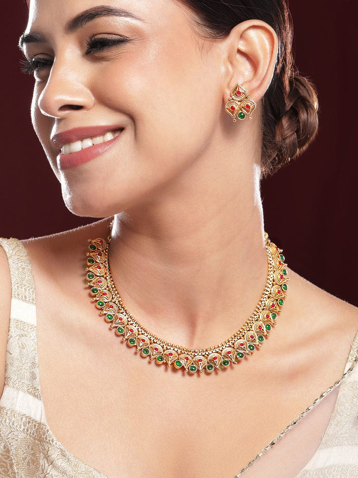 Rubans 22k Gold-Plated Emerald Kundan-Studded & Beaded Necklace Set Necklace Set