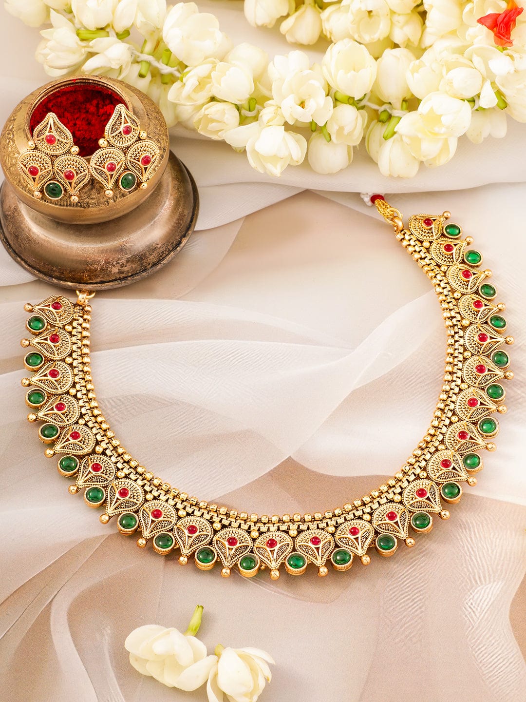 Rubans 22k Gold-Plated Emerald Kundan-Studded & Beaded Necklace Set Necklace Set