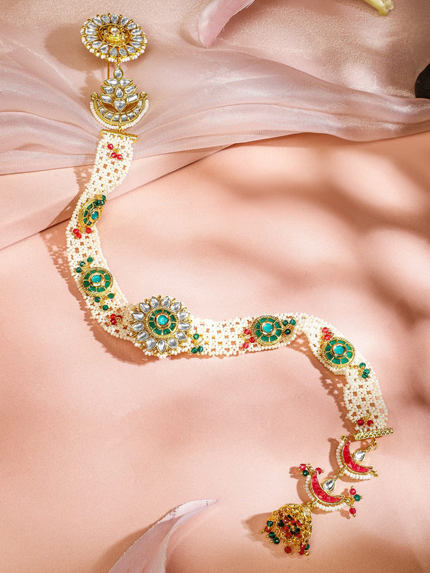 Rubans 22K Gold-Plated Emerald & Ruby Kundan Studded Cream Pearl Beaded Handcrafted Head Jewellery for Brides & Bridesmaids Head Jewellery