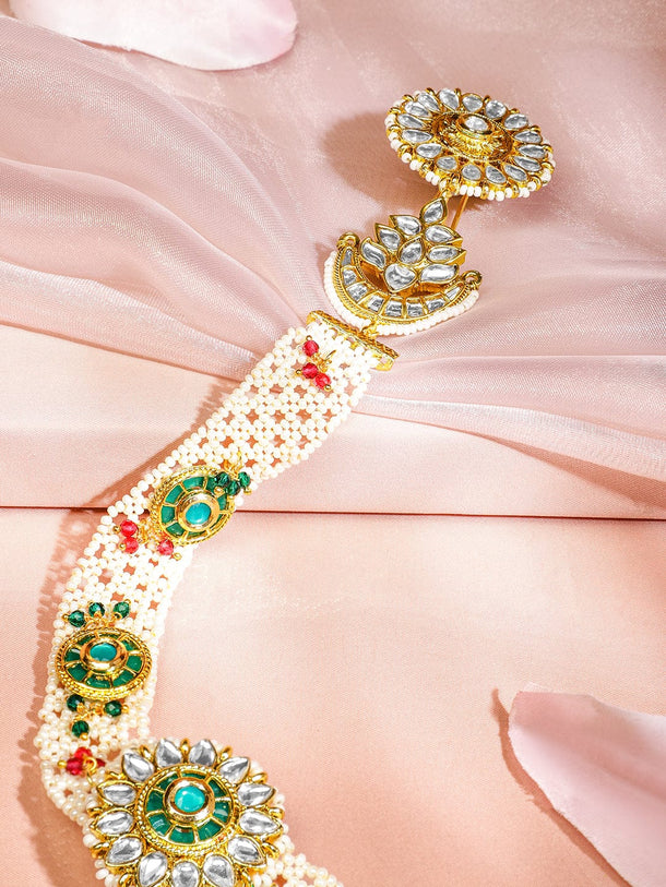 Rubans 22K Gold-Plated Emerald & Ruby Kundan Studded Cream Pearl Beaded Handcrafted Head Jewellery for Brides & Bridesmaids Head Jewellery