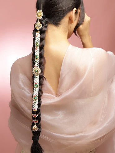 Rubans 22K Gold-Plated Emerald & Ruby Kundan Studded Cream Pearl Beaded Handcrafted Head Jewellery for Brides & Bridesmaids Head Jewellery