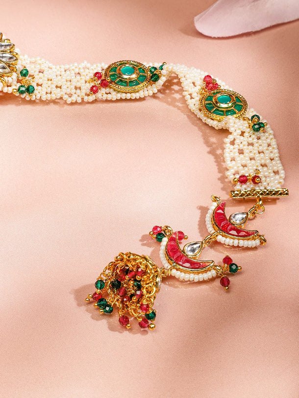 Rubans 22K Gold-Plated Emerald & Ruby Kundan Studded Cream Pearl Beaded Handcrafted Head Jewellery for Brides & Bridesmaids Head Jewellery