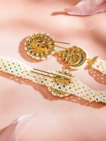 Rubans 22K Gold-Plated Emerald & Ruby Kundan Studded Cream Pearl Beaded Handcrafted Head Jewellery for Brides & Bridesmaids Head Jewellery