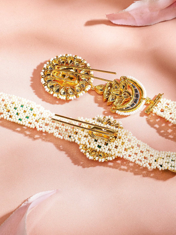 Rubans 22K Gold-Plated Emerald & Ruby Kundan Studded Cream Pearl Beaded Handcrafted Head Jewellery for Brides & Bridesmaids Head Jewellery