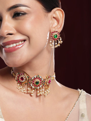 Rubans 22K Gold-Plated Emerald & Ruby Pink Kundan Studded Choker Jewellery Set with Pearl Beads Choker, Choker set & Kundan Choker set