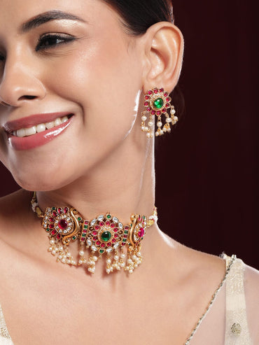 Rubans 22K Gold-Plated Emerald & Ruby Pink Kundan Studded Choker Jewellery Set with Pearl Beads Choker, Choker set & Kundan Choker set