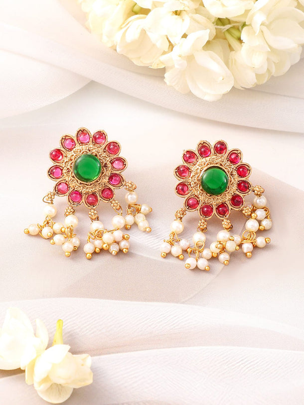 Rubans 22K Gold-Plated Emerald & Ruby Pink Kundan Studded Choker Jewellery Set with Pearl Beads Jewellery Set