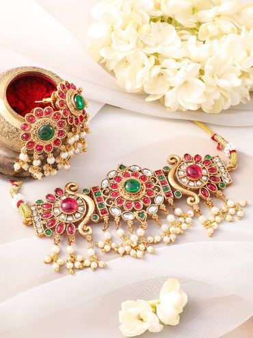 Rubans 22K Gold-Plated Emerald & Ruby Pink Kundan Studded Choker Jewellery Set with Pearl Beads Jewellery Set