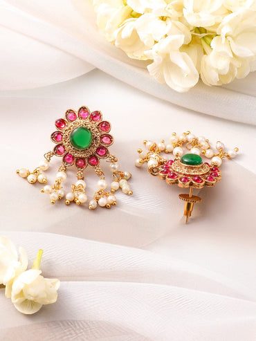 Rubans 22K Gold-Plated Emerald & Ruby Pink Kundan Studded Choker Jewellery Set with Pearl Beads Jewellery Set