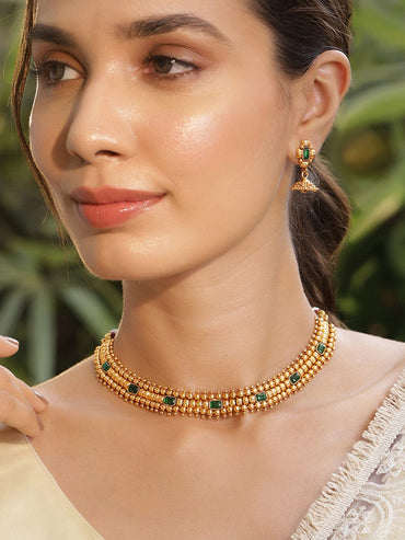 Rubans 22K Gold-Plated Emerald Stone Studded Necklace Set with Gold Beads and Pearl Drops Necklace Set