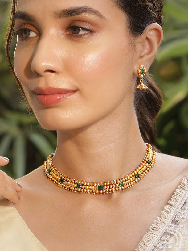 Rubans 22K Gold-Plated Emerald Stone Studded Necklace Set with Gold Beads and Pearl Drops Necklace Set