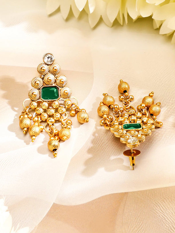 Rubans 22K Gold Plated Emerald & White Kundan Studded Choker Jewellery Set with Golden Beads Jewellery Set