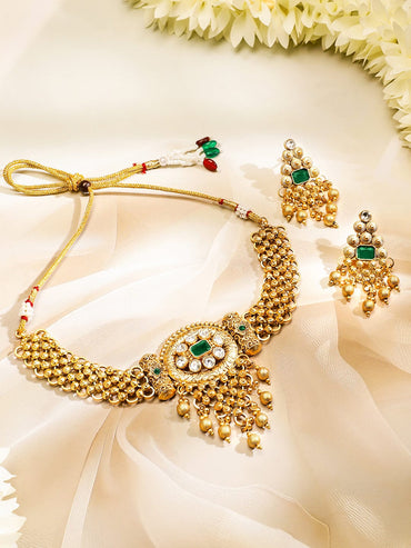 Rubans 22K Gold Plated Emerald & White Kundan Studded Choker Jewellery Set with Golden Beads Jewellery Set
