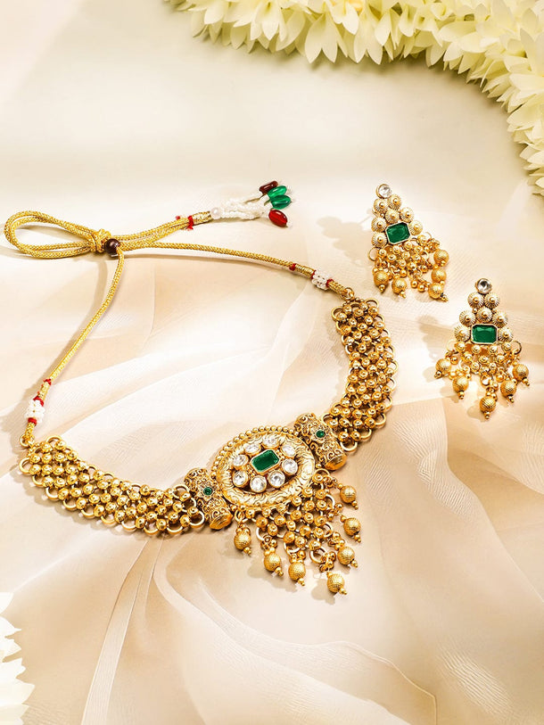Rubans 22K Gold Plated Emerald & White Kundan Studded Choker Jewellery Set with Golden Beads Jewellery Set