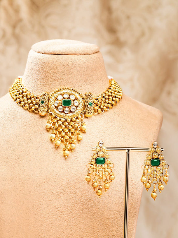 Rubans 22K Gold Plated Emerald & White Kundan Studded Choker Jewellery Set with Golden Beads Jewellery Set