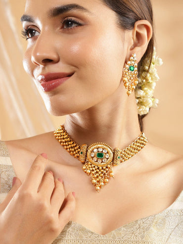 Rubans 22K Gold Plated Emerald & White Kundan Studded Choker Jewellery Set with Golden Beads Jewellery Set