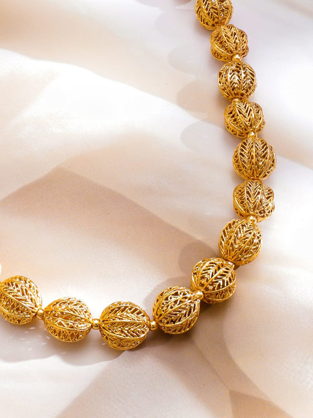 Rubans 22K Gold-Plated Filigree Beaded Long Necklace with Intricately Carved Golden Beads Jewellery Set