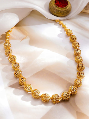 Rubans 22K Gold-Plated Filigree Beaded Long Necklace with Intricately Carved Golden Beads Jewellery Set