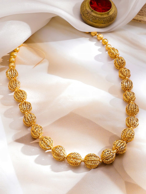 Rubans 22K Gold-Plated Filigree Beaded Long Necklace with Intricately Carved Golden Beads Jewellery Set