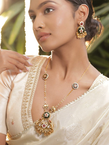 Rubans 22K Gold-Plated Flora Long Necklace Set with Red & White Stone, Enamel & Golden Bead Detailing Necklace Set