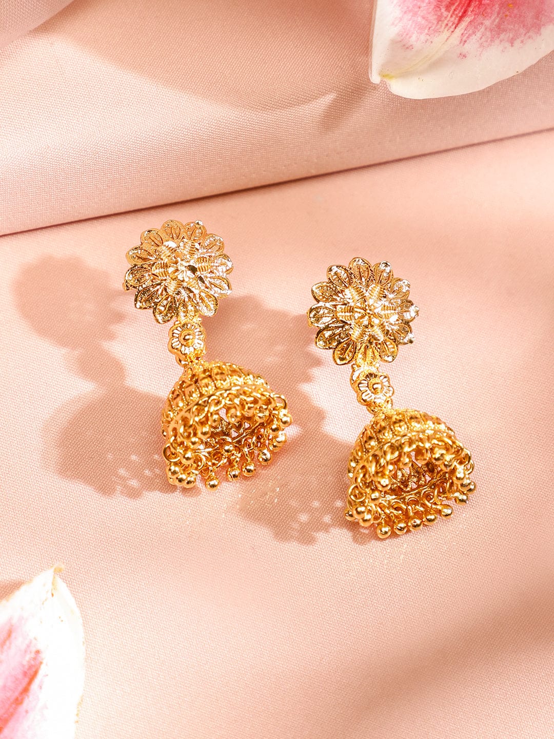 Rubans 22K Gold-Plated Floral Design Necklace & Earrings Set with Golden Beaded Detailing for Women Jewellery Set