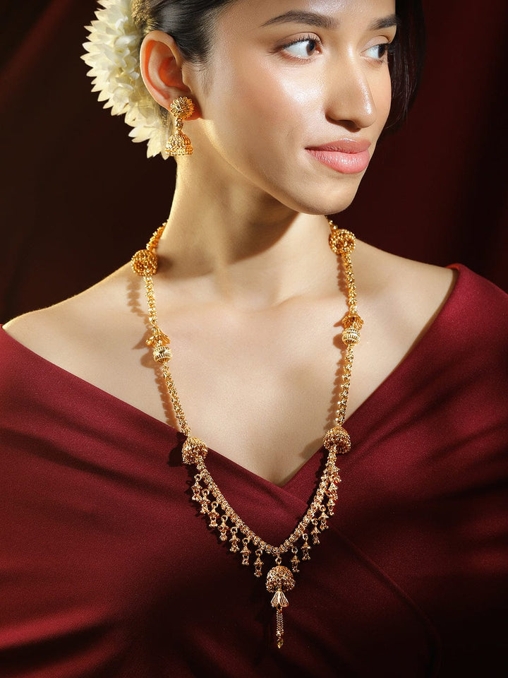 Rubans 22K Gold-Plated Floral Design Necklace & Earrings Set with Golden Beaded Detailing for Women Jewellery Set