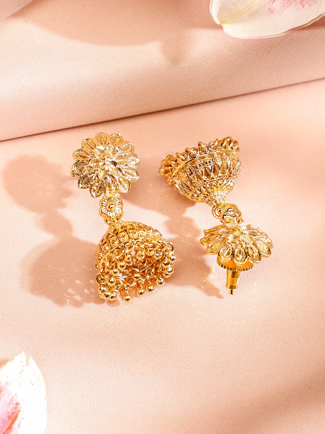 Rubans 22K Gold-Plated Floral Design Necklace & Earrings Set with Golden Beaded Detailing for Women Jewellery Set