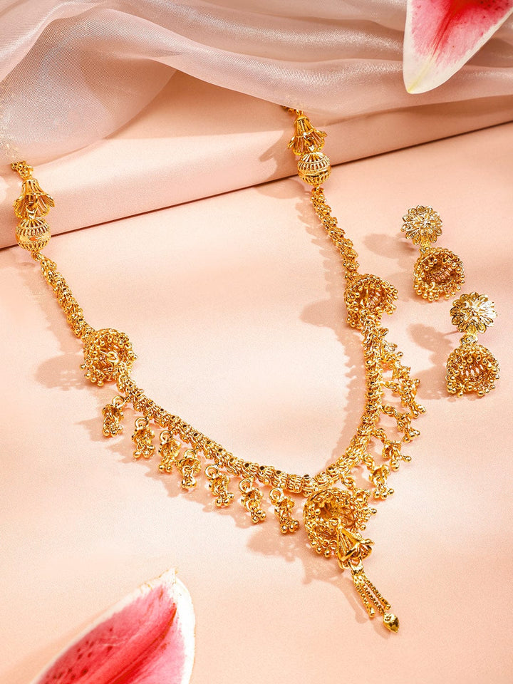 Rubans 22K Gold-Plated Floral Design Necklace & Earrings Set with Golden Beaded Detailing for Women Jewellery Set