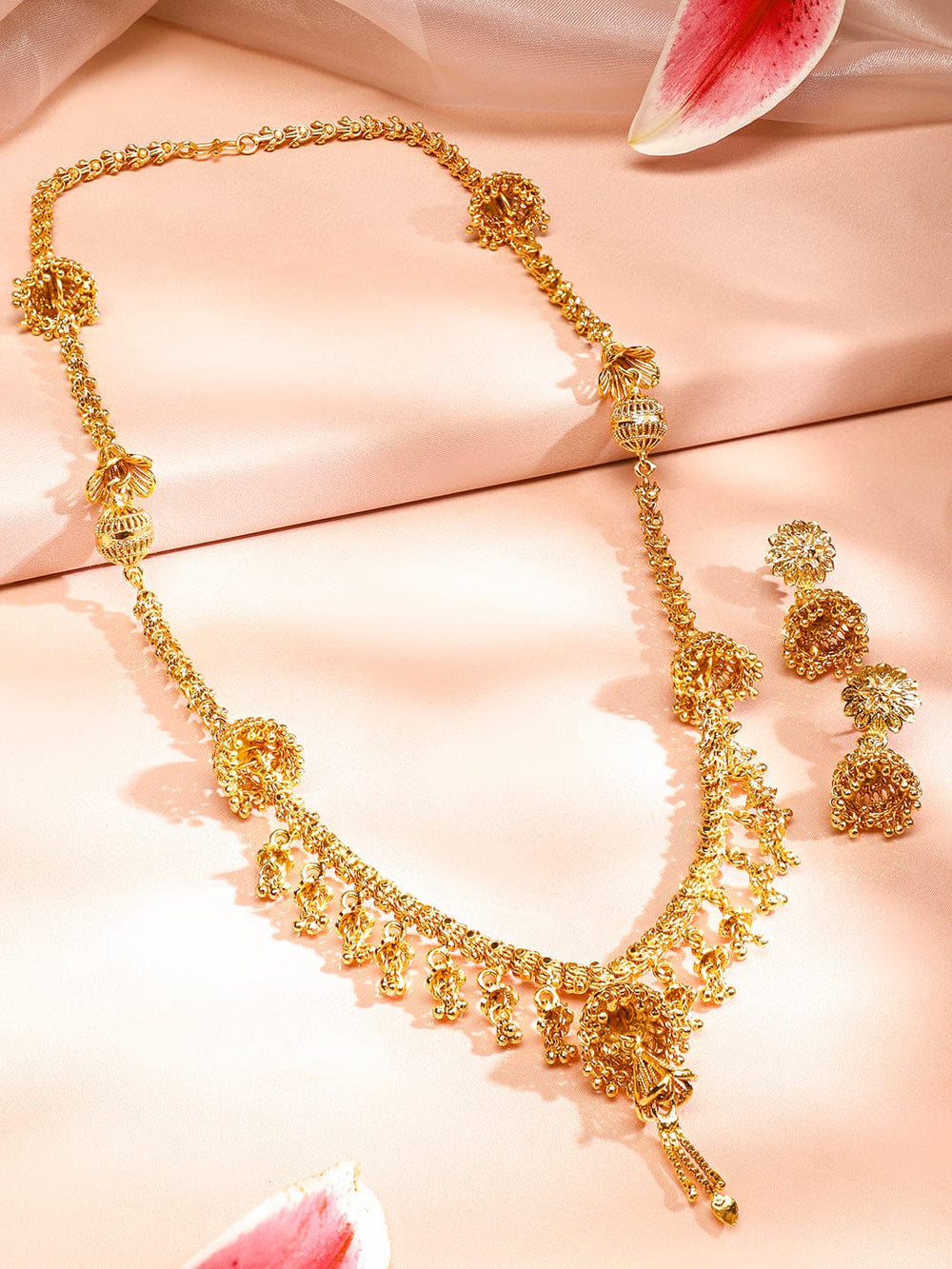 Rubans 22K Gold-Plated Floral Design Necklace & Earrings Set with Golden Beaded Detailing for Women Jewellery Set