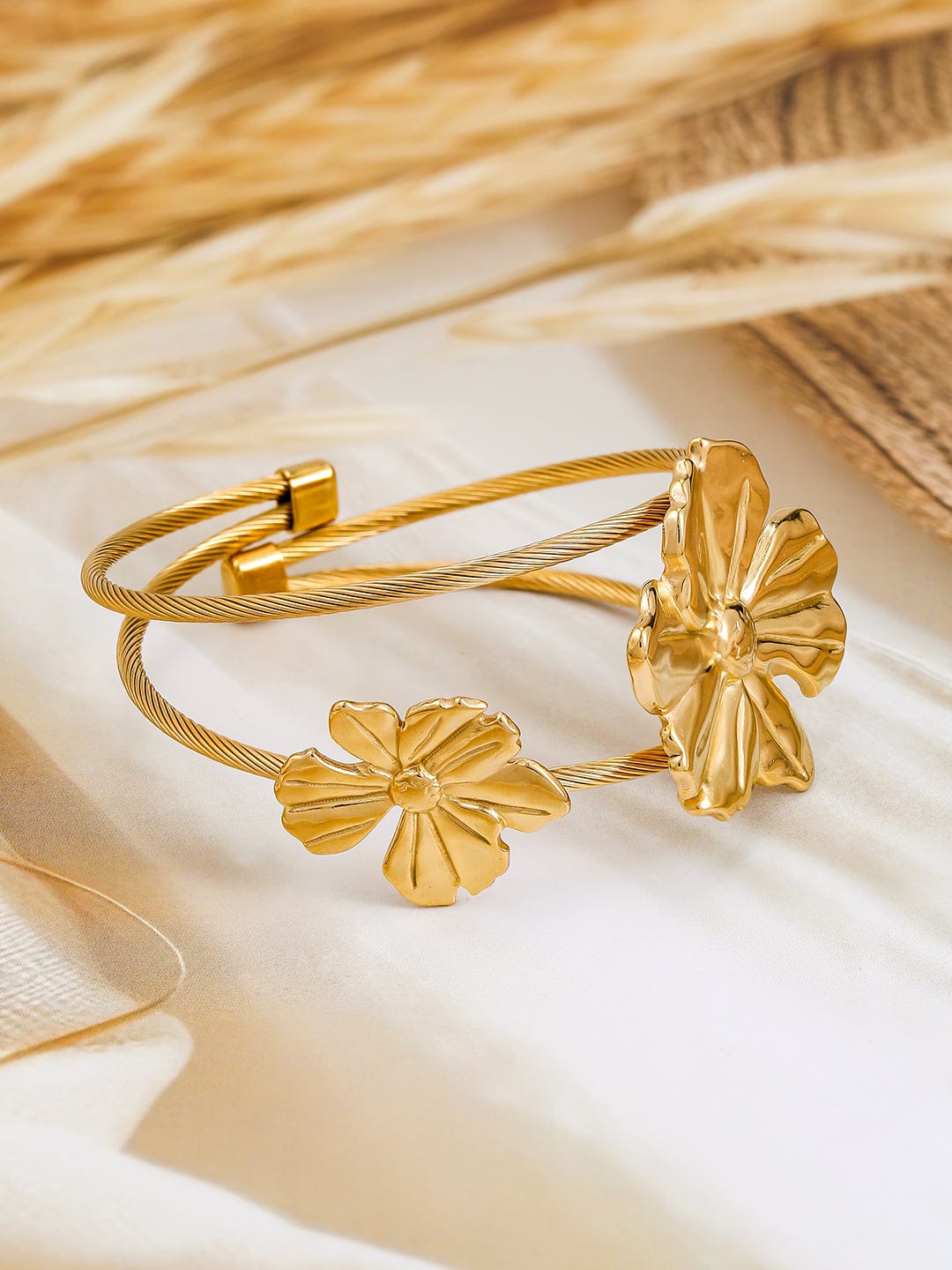 Rubans 22K Gold-Plated Floral Free Size Cuff Bracelet with Dual Cable Wire Design Bangles & Bracelets