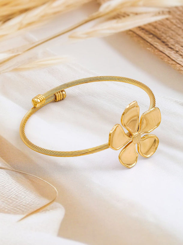 Rubans 22K Gold-Plated Free Size Floral Cuff Bracelet with Cable Wire Design Wristwear