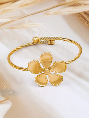 Rubans 22K Gold-Plated Free Size Floral Cuff Bracelet with Cable Wire Design Wristwear