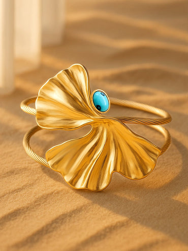 Rubans 22K Gold-Plated Free Size Leaf Design Cuff Bracelet with Turquoise Blue Stone Accent Bracelet