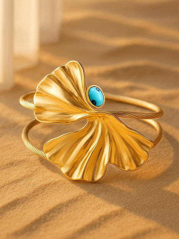 Rubans 22K Gold-Plated Free Size Leaf Design Cuff Bracelet with Turquoise Blue Stone Accent Bracelet
