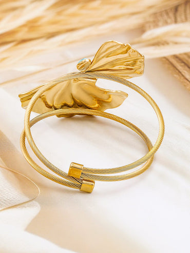 Rubans 22K Gold-Plated Free Size Leaf Design Cuff Bracelet with Turquoise Blue Stone Accent Wristwear